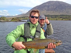 French angler Eric Tournaire with a 6.5lbs brown trout caught on Lough Inagh, Connemara. The fish was kept for a quick photo before being released again. Also in photo is Lough Inagh fishery manager Colin Folan.