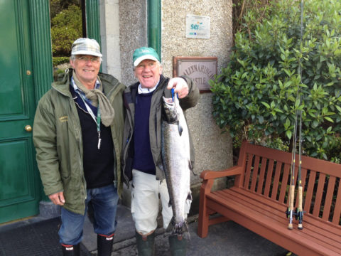 Tom McManus and Michael van Murrick with the first fish of the season from Ballynahinch Castle Fishery. The fish weighed 9lbs and was taken in the stream on Beat 1.