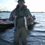 Emmet Stagg TD with two of the four trout that he caught on the fly on Sunday evening.  The fish pictured were 1½ wild fish.