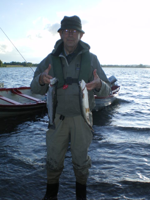 Emmet Stagg TD with two of the four trout that he caught on the fly on Sunday evening.  The fish pictured were 1½ wild fish.