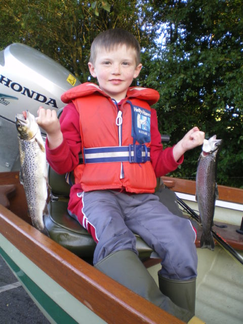 Jack Rosney 7 years of age from Eyrecourt, Co Galway with his two 1½ trout taken from Owel on Sunday evening.