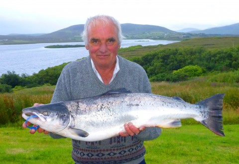 Anthony J. Barrett, Bangor Erris with his Record Salmon of 17.13 lbs. from the Owenmore River