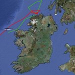A tracking map showing movement of two tagged sharks