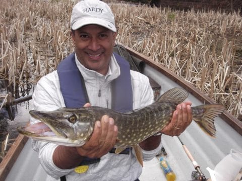 Azim with his first pike on the fly
