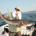 “Tight Lines” tackle shop owner, Alister Smyth (or is it Lawrence of Arabia!) with a decent Tope