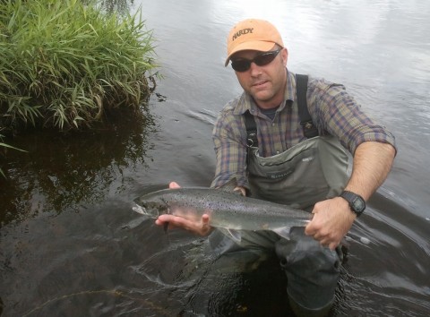 Mat Burbridge with his First Ever Fly Caught Salmon which he released