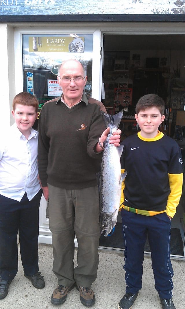 Dermot Mc Laughlin with his grandsons and the first fish from the Gweebarra Salmon Fishery