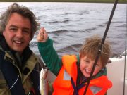 20.5 lbs. fly caught specimen salmon caught on the Moy 4-year old Liam van Seemus, Holland, proudly shows the first of three sea trout he caught with his dad Martin on Pegasus
