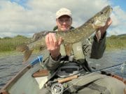 Hard fighting Mayo pike provide the sport ! Frank Meissner, Germany, with his first Irish fly-caught pike