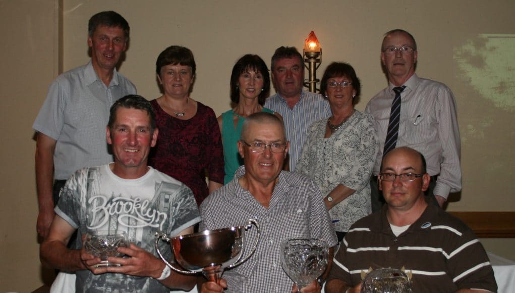 Arva Fishing Festival 2014 winners front l to r Eddie Brydon 3rd place, Neil Parkinson winner and Wayne Easter 2nd. place. At back organising committee members