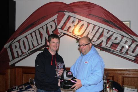 Alan Mulchay Receives His Third Place trophy from George Cunningham at the Presentation Ceremony at Sean Ogs Hotel in Kilmuckridge