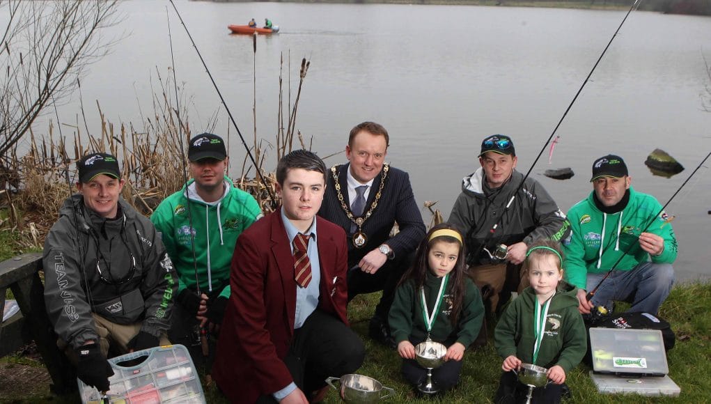 2014 Predator Team Ireland world championship anglers Steven Powell, Lindsay McFadden, Andrew Powell and Colin Rutherford with the Mayor of Craigavon, Councillor Colin McCusker. Also pictured are Jake Fisher, Cliodhna McKenna and Niamh McKenna from Keady and District Angling Club who all boast All-Ireland titles! (courtesy of Steven Powell)