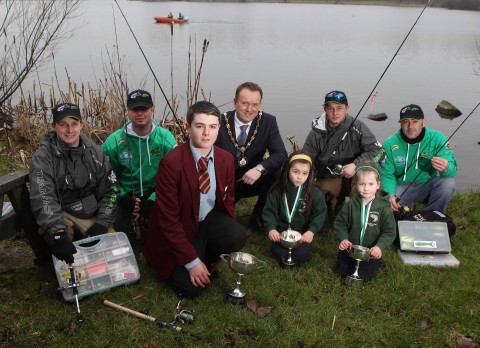 2014 Predator Team Ireland world championship anglers Steven Powell, Lindsay McFadden, Andrew Powell and Colin Rutherford with the Mayor of Craigavon, Councillor Colin McCusker. Also pictured are Jake Fisher, Cliodhna McKenna and Niamh McKenna from Keady and District Angling Club who all boast All-Ireland titles!  (courtesy of Steven Powell)