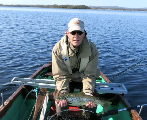 Brian Hughes from Wales, with a nice 4lbs 2oz Corrib trout taken in bright conditions, April 2015.