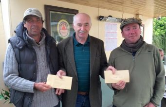 A great hatch of mayfly at the Lough Fern Classic Joint Longest Trout Winners Harry Whorisey and Patrick Schoales with Milford Club President, Hugo Duggan
