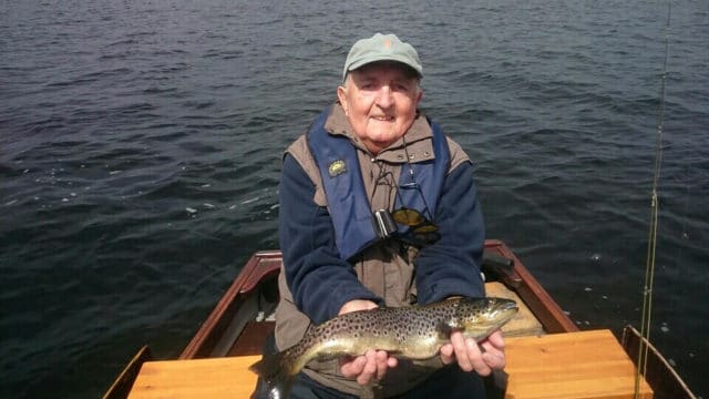 Brendan Burke from Dublin, still tempting wily Corrib trout in his 86th year, with a nice trout caught recently with Larry McCarthy.