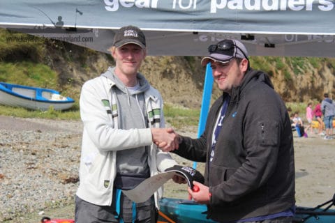 Gary Robinson congratulates Paul Deane with third place in the Irish Kayak Fishing Open 2015