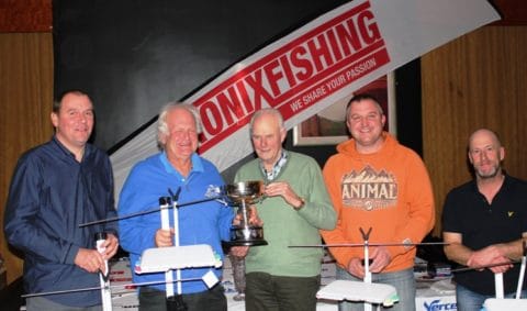 Four Man Team Winners Richard Yates, Chris Clark, Saul Page and Chris Snow Receive The Four Man Team Cup and Trophy from former World Champion Mick Carney.