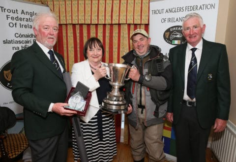 Mike Keady from Moycullen, Co. Galway is presented with the Connacht Cup by Kathleen Reynolds. Pictured at the presentation of prizes were (from left): Eugene Nolan, Connacht Angling Council Competitions Officer, Kathleen Reynolds, Mike Keady and Martin Kinneavey, Chairman Connacht Angling Council.