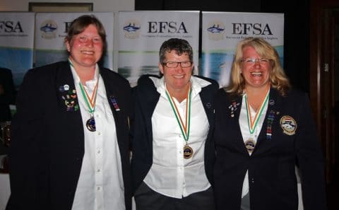 Gold Medal Winner Ines Birnstiel, Germany(centre) with Silver Medalist, Annette Poehler , Germany (left) anf Bronze Medalist Miranda Koop at the Awards Ceremony Last Night