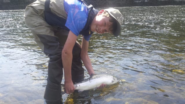 Tommy Quinlivan (12) with a lovely 4lbs grilse he caught on his first visit to the Galway Fishery. The fish was sportingly released after the photo. Well done Tommy!