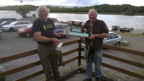 Peter Byrne (R) winner of the Ballinrobe & District Anglers competition celebrates with his boat partner and this year’s Gold Medal winner in the World Masters Fly fishing Championships, Jackie Coyne
