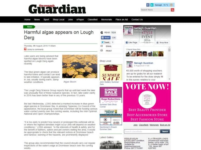 Harmful algae appears on Lough Derg, Nenagh Guardian