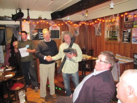 Dudley murphy runner up   Michael Drinan  Competition organizer Dubbullogue Anglers in background with Michael Sheehan Waterford city and County Trout Anglers Association  competition Organizer in foreground 