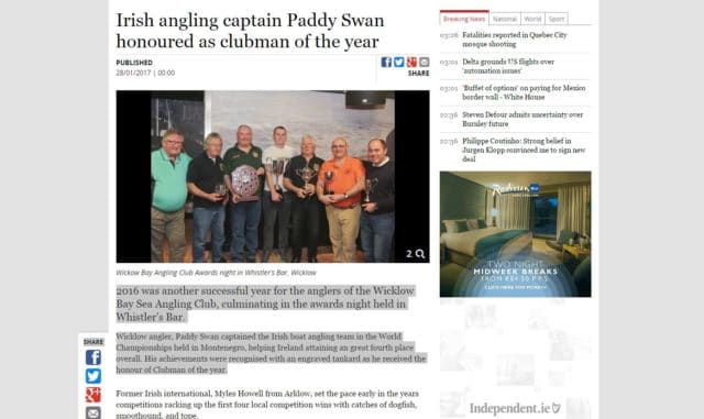Irish angling captain Paddy Swan honoured as clubman of the year