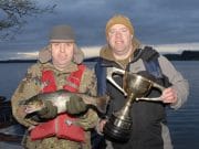 Blowing a gale for Lough Lene Cup, but a good turn out Mikie kelly and Tommy kelly with Lene Cup and winning trout
