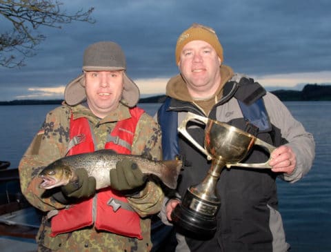 Mikie kelly and Tommy kelly with Lene Cup and winning trout