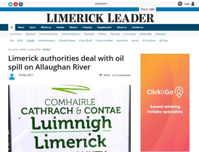 Limerick authorities deal with oil spill on Allaughan River