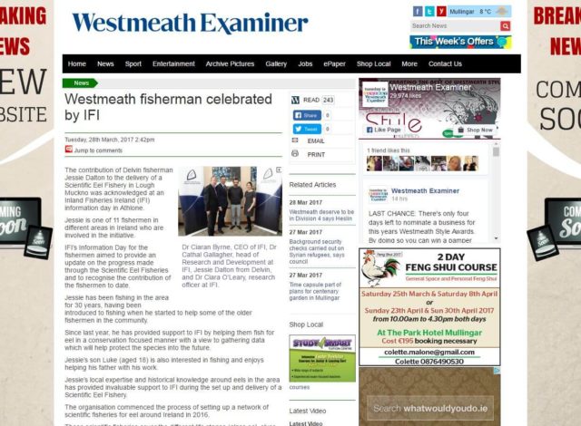 Newspaper clip Westmeath fisherman celebrated by IFI