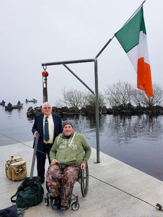 Ciaran Burke, left with Timmo Sullivan, preparing for the shotgun start to the Ignatius Burke Memorial, and unveiling the new disabled access facility at Burke's Pier, Lough Mask.
