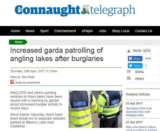 Increased garda patrolling of angling lakes after burglaries