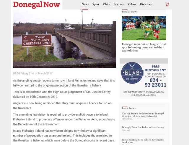 Inland Fisheries Ireland says it is committed to protecting the Gweebarra fishery and warns that licencing rules remain in effect