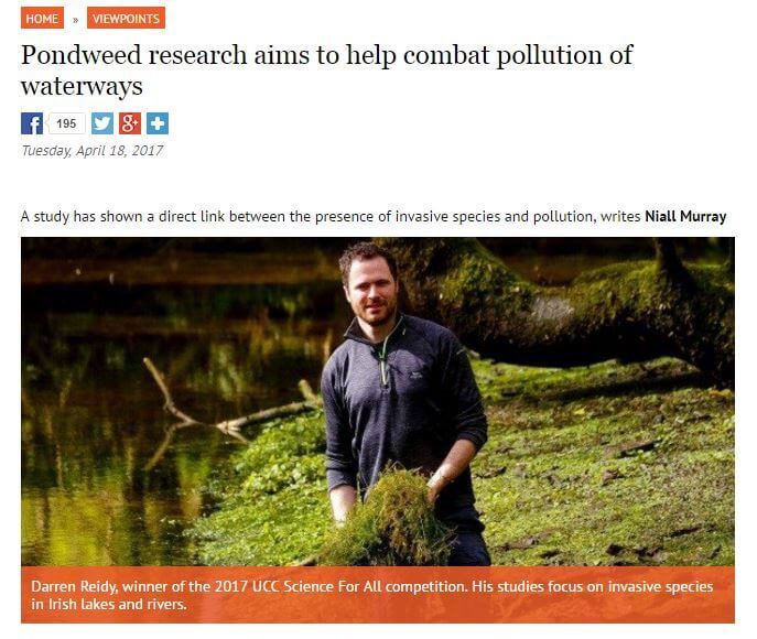 Irish Examiner 180417 Pondweed research aims to help combat pollution of waterways