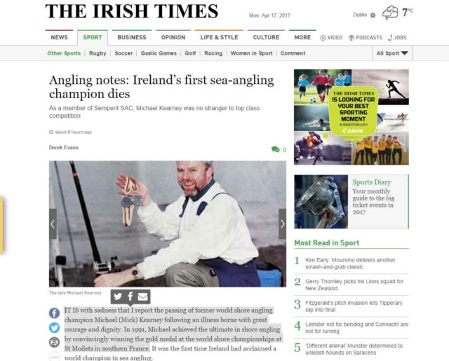 Angling notes: Ireland’s first sea-angling champion dies