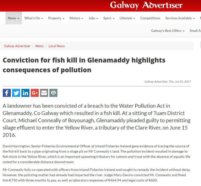 Galway Advertiser 010617 Conviction for fish kill in Glenamaddy highlights consequences of pollution