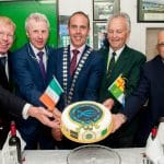 L-R Ciaran Byrne, IFI, Jerry O'Sullivan, ESB, Cllr Declan Hurley, Mayor of County Cork, Oliver McGauley NCFFI President, Claudio Matteolli, President FIPS-ed