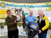 World Cup time on Mask as Geoff takes the honours Winner of The World Cup Trout Fly Angling Championship, was Geoffrey Hylands from Banbridge , Co Down , reciving The World Cup, 3,000euro and a 15HP Yamaha Engine from Committee Chairman Billy Burke and Tom Staunton of R.S. Marine, Westport, Sponsor. Pic:Trish Forde.