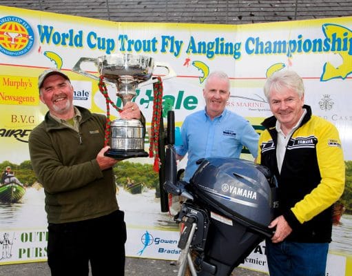 Winner of The World Cup Trout Fly Angling Championship, was Geoffrey Hylands from Banbridge , Co Down , reciving The World Cup, 3,000euro and a 15HP Yamaha Engine from Committee Chairman Billy Burke and Tom Staunton of R.S. Marine, Westport, Sponsor. Pic:Trish Forde.