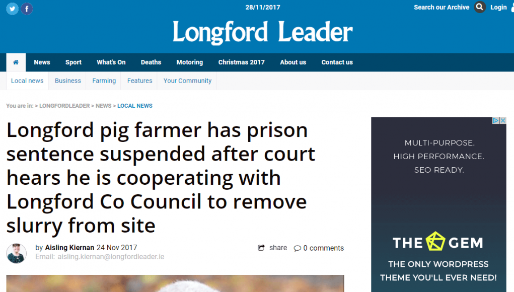 A local man charged in connection with allowing slurry at his pig farm to contaminate a tributary of Lough Slawn in south Longford appeared before last week’s sitting of Longford Circuit Court.
