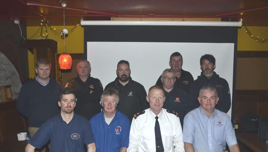 Speakers at the event on Thursday were: (Back row, l-r) Sean Langan (Corrib Navigation), Niall O’Maher (Corrib Mask Rescue), Chris McDonagh (Coastguard), Brendan Qualter (Civil Defence), Pat Egan (Corrib Mask Rescue), Michael Kane (LAWCO) Front, l-r: Anthony Trill (Corrib Angling Federation), Tom Egan (Irish Water Safety), Insp. Kevin Gately (An Garda Síochána) and Mike Swan (RNLI).