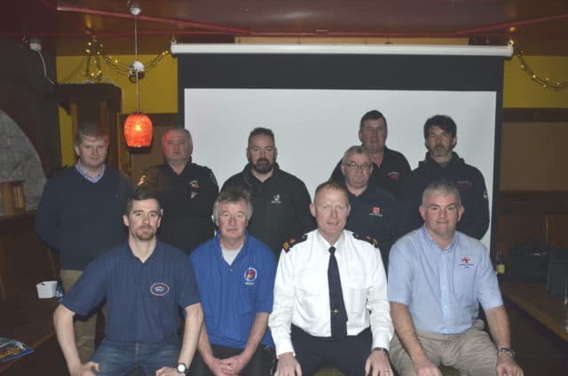 Speakers at the event on Thursday were: (Back row, l-r) Sean Langan (Corrib Navigation), Niall O’Maher (Corrib Mask Rescue), Chris McDonagh (Coastguard), Brendan Qualter (Civil Defence), Pat Egan (Corrib Mask Rescue), Michael Kane (LAWCO) Front, l-r: Anthony Trill (Corrib Angling Federation), Tom Egan (Irish Water Safety), Insp. Kevin Gately (An Garda Síochána) and Mike Swan (RNLI).
