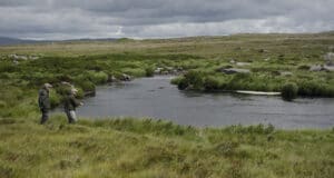 Grilse and sea trout running in Costello & Fermoyle Anglers on river set in wild bogland scenery with mountains in far distance
