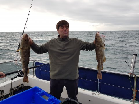 One of Tigger's Spanish anglers with a double shot of nice cod