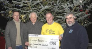 Lough Lene Angling Association raises €8,350 for Irish Cancer Society Declan Leonard accepts Cheque for irish Cancer Sociaty from Lough Lene Angling Association Chairman Tom Fagan, also in photograph is Andy Cosgrove Lene treasure, and pat Browne lene Competition Captain.