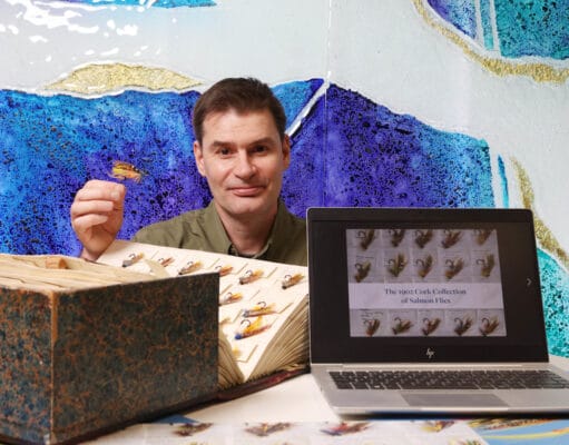 Shane O'Reilly of Inland Fisheries Ireland with the 1902 Cork Collection of Salmon Flies