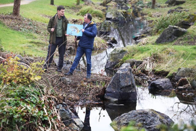 Shane O'Reilly of Inland Fisheries Ireland with Irish Fly-tier Peter Kealey at the launch of the publication of the 1902 Cork Fly Collection